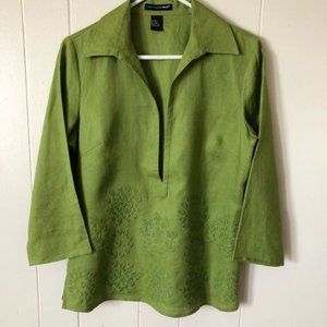 Saint Tropez West 3/4 Sleeve Embroidered Linen Top Shirt Blouse Size M